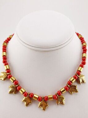 VINTAGE Dark orange ceramic bead brass toned maple leaf charm choker necklace